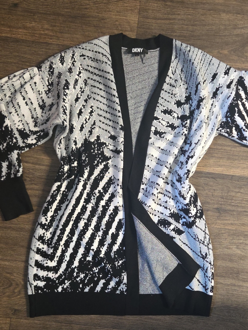 DKNY Black and White Abstract Open-Front Cardigan